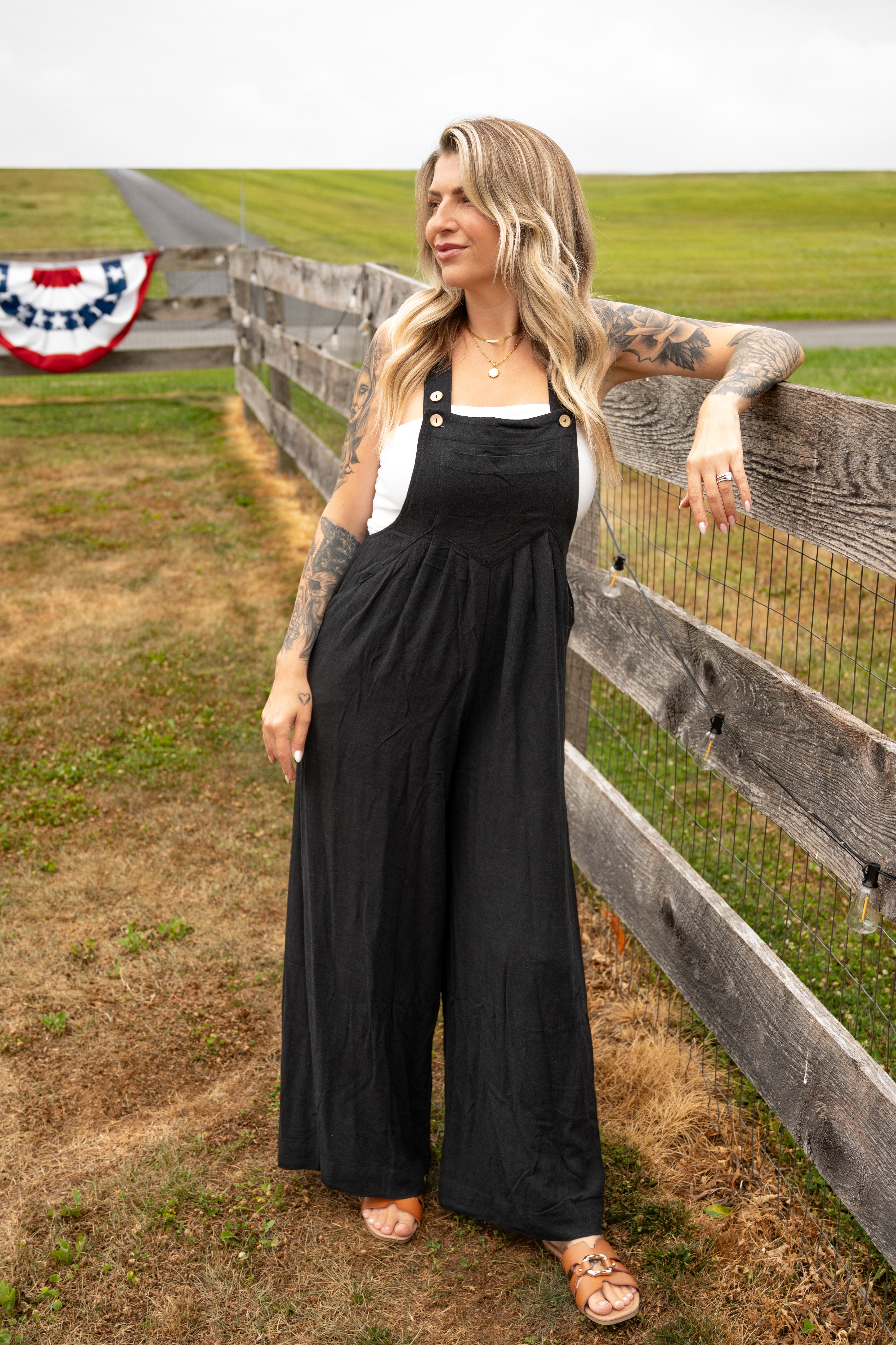 Everyday Linen Blend Wide Leg Overalls – Black