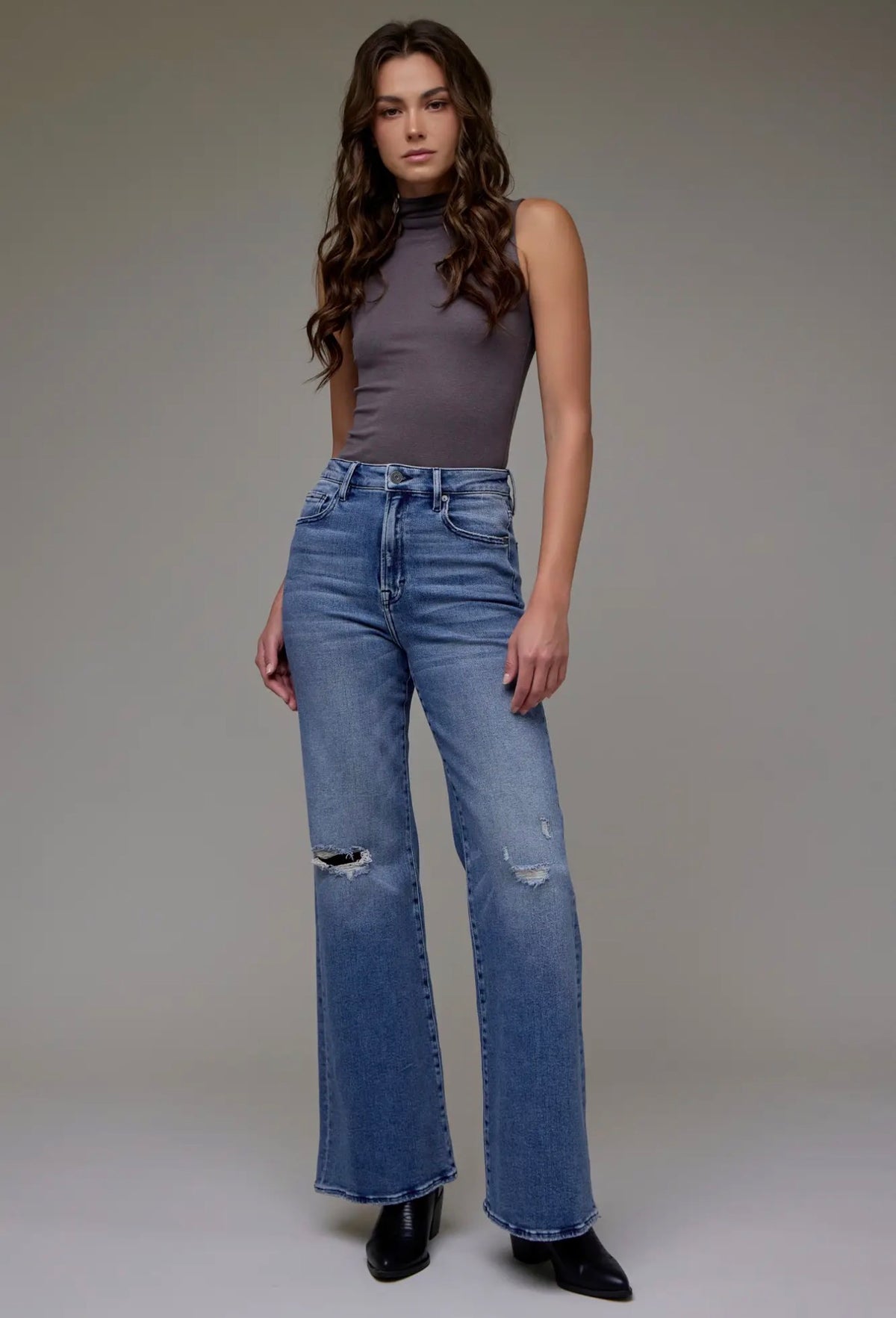 Hidden Medium Wash Knee Distressed High Rise Comfort Flare Jeans