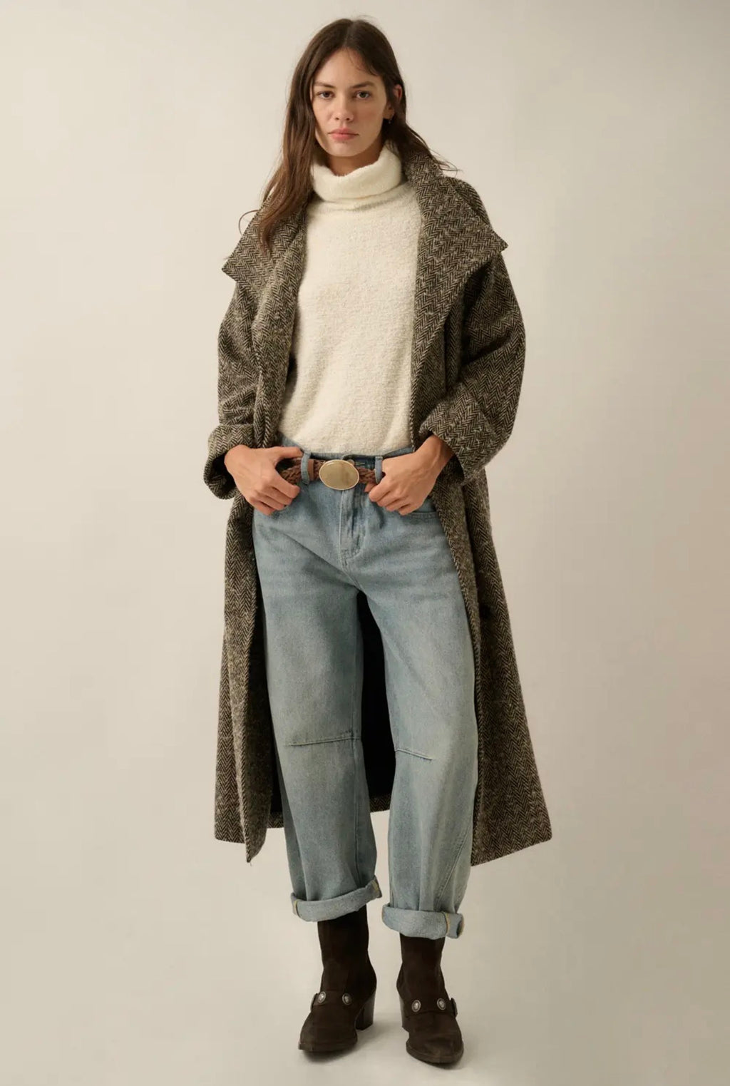 Promesa Herringbone Belted Longline Coat