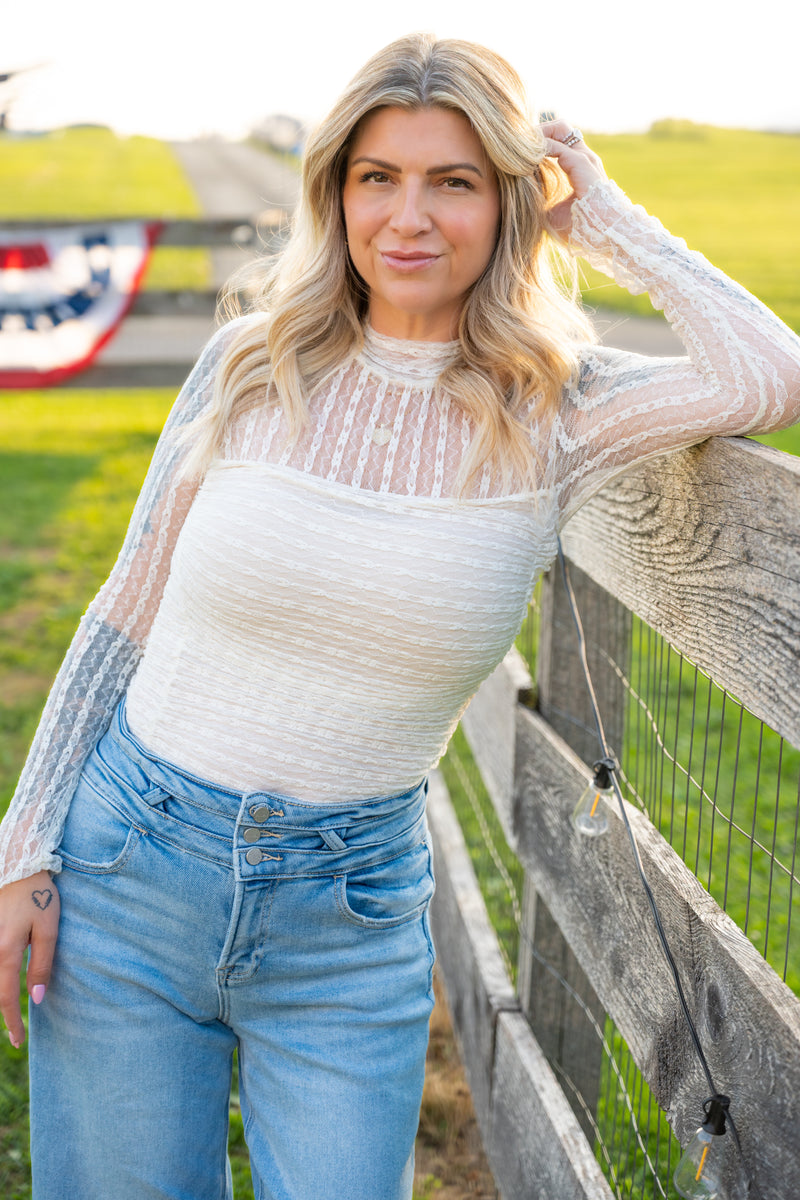 Ivory Striped Floral Lace Mock Neck Bodysuit