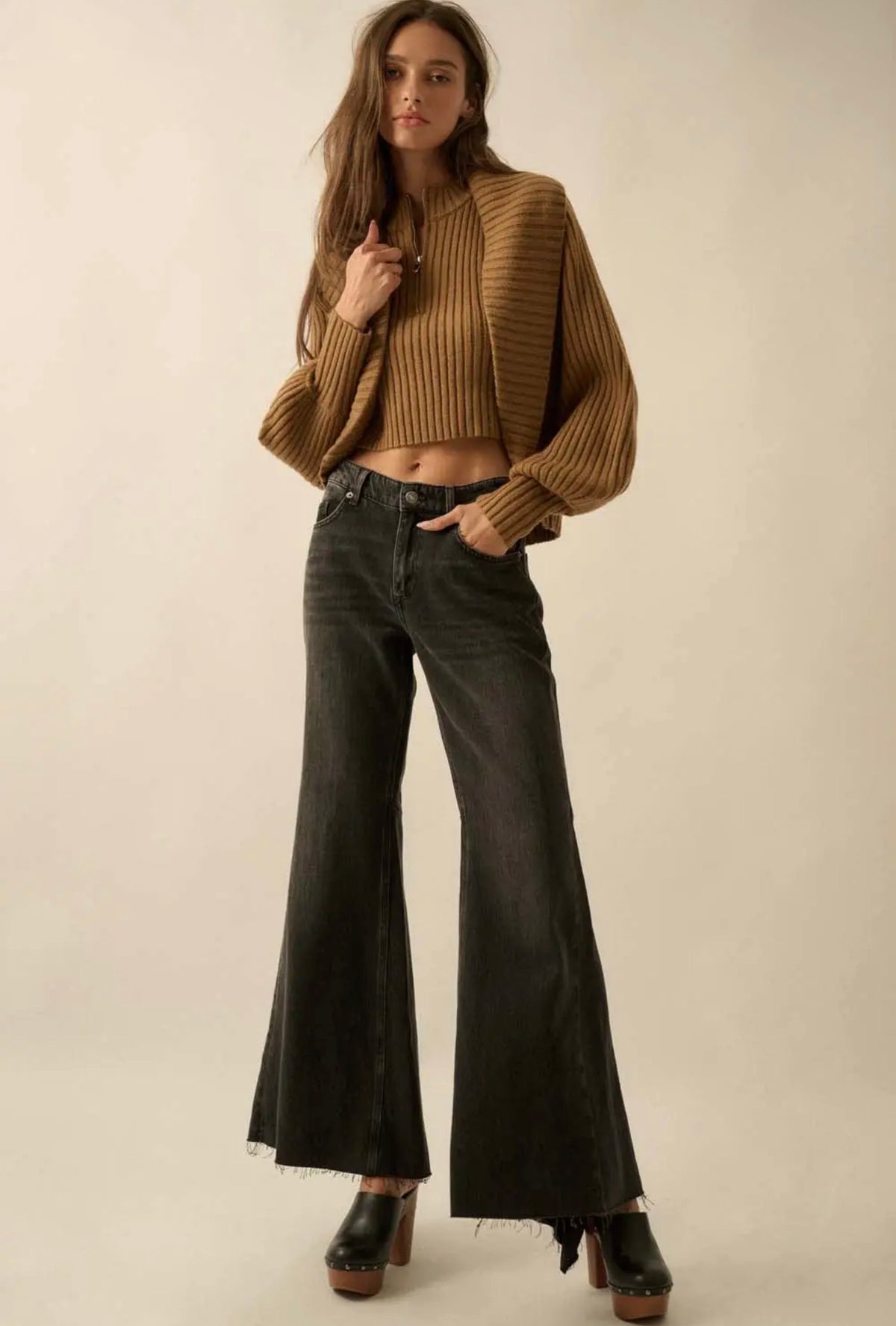 Promesa Camel Ribbed Shrug + Half-Zip Sweater Tank Set
