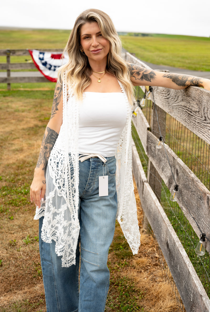 Boho Lace Longline Vest – White
